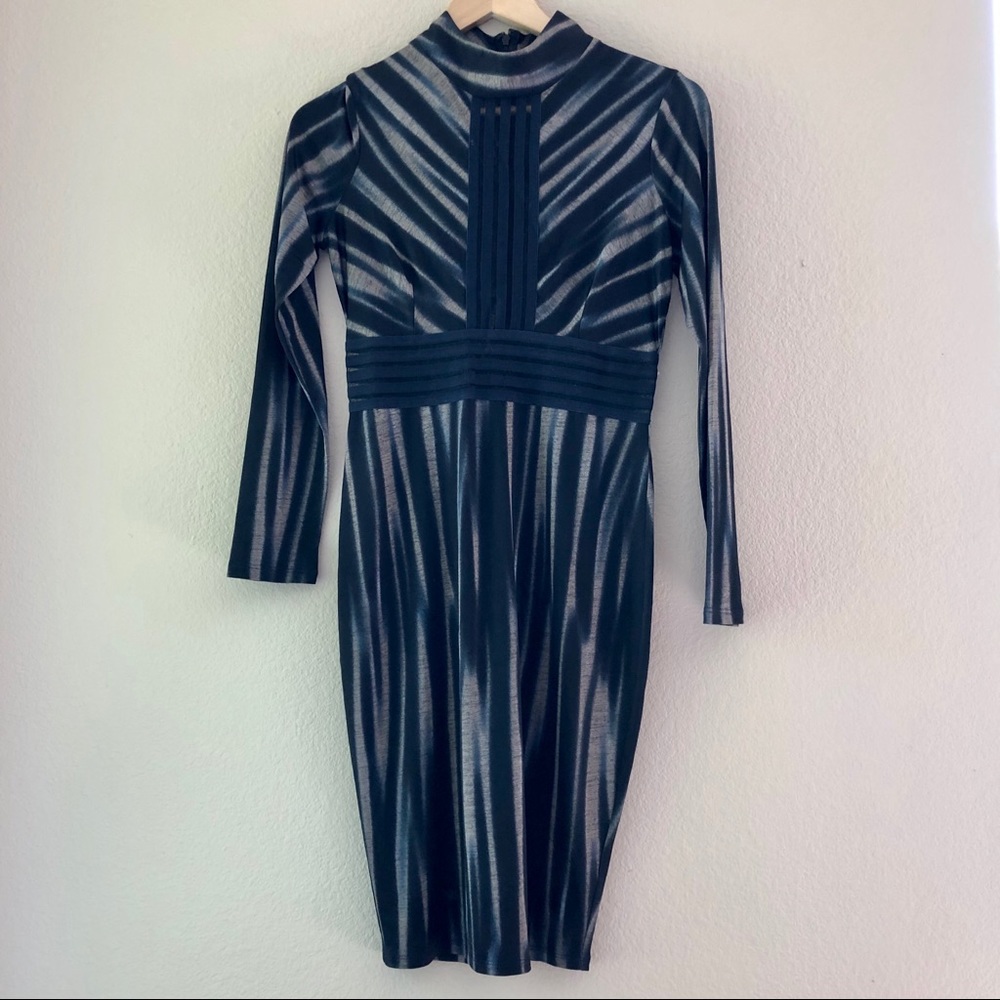 VENUS Stripe High Neck Fitted Dress Blue and Cream